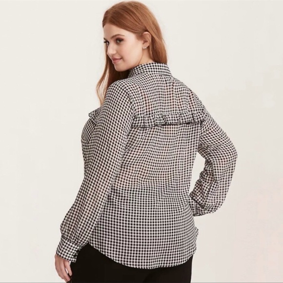 Torrid Sheer Checkered Ruffle Button Down - Picture 2 of 8